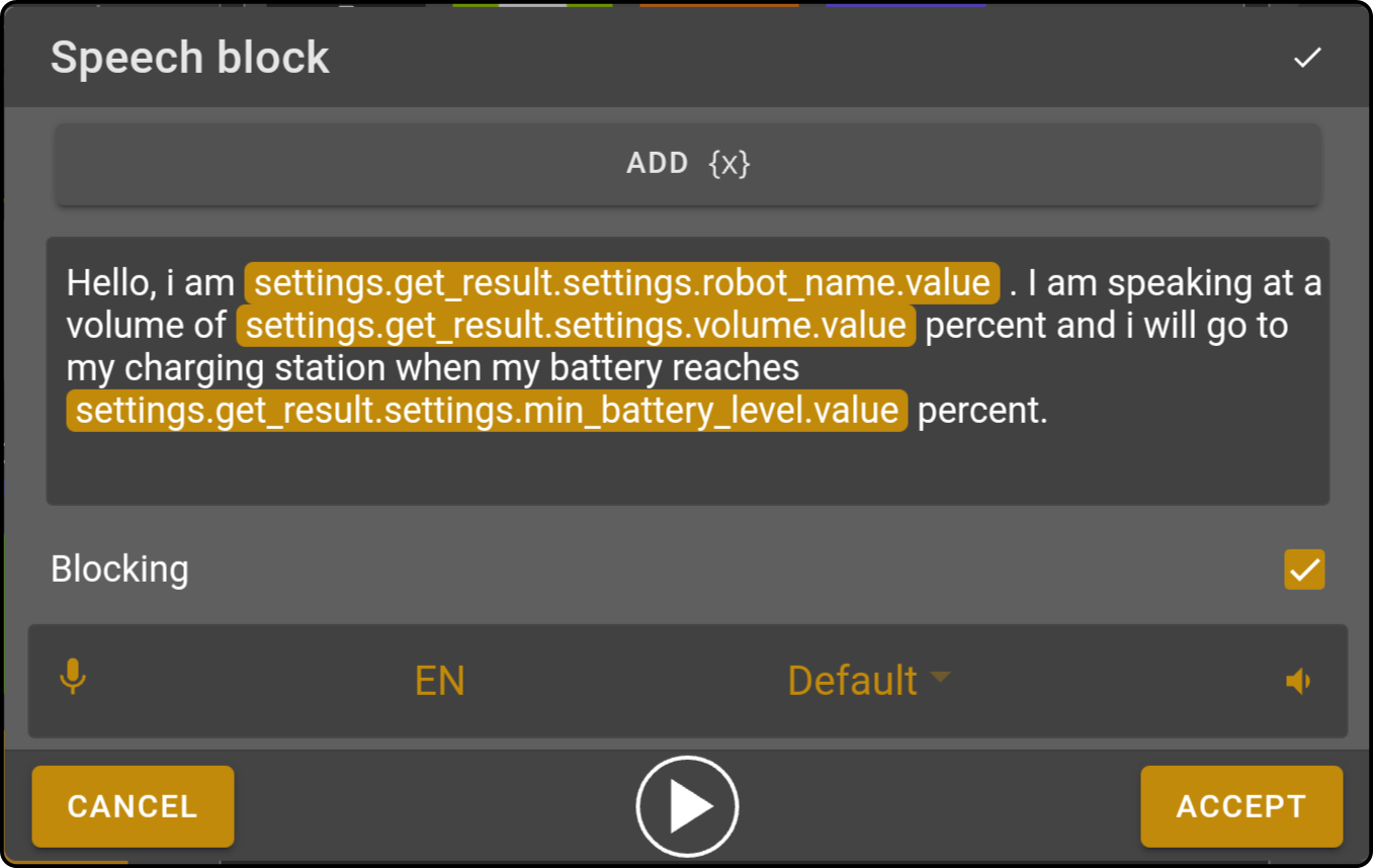 settings get speech block